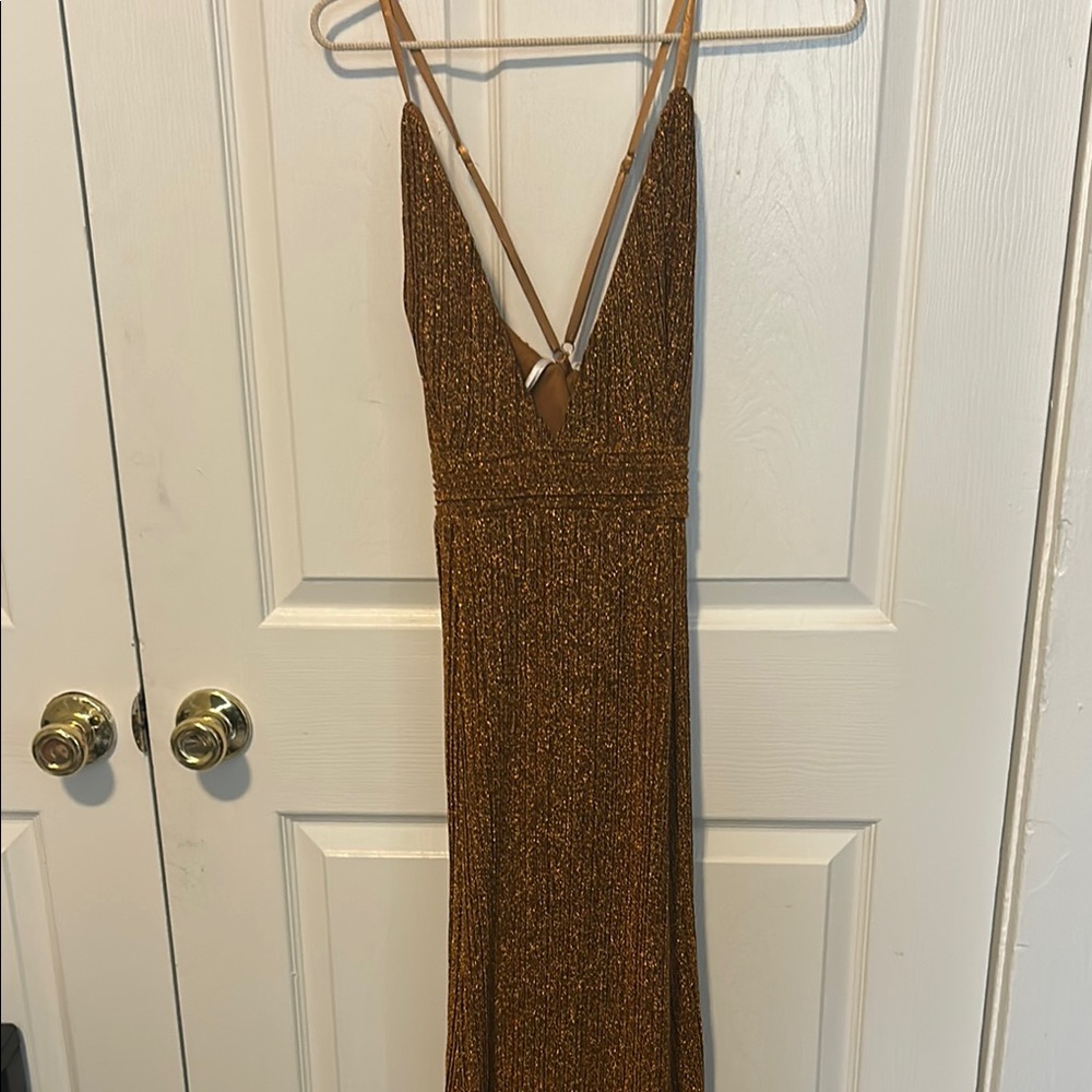 Gold Metallic Deep-V Evening Dress